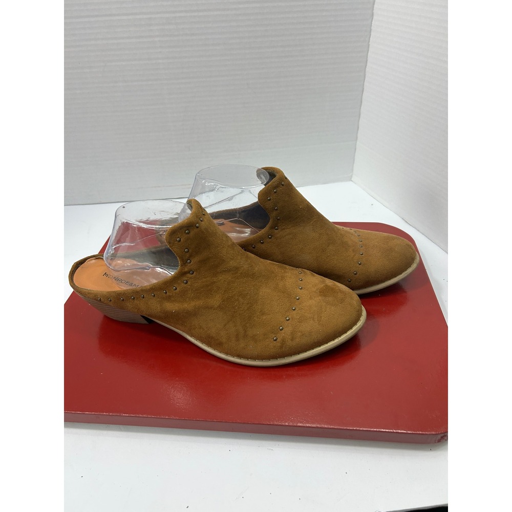 Monroe & Main Studded Suede Mules 11W Brown Low Block Heel Boho Western Casual